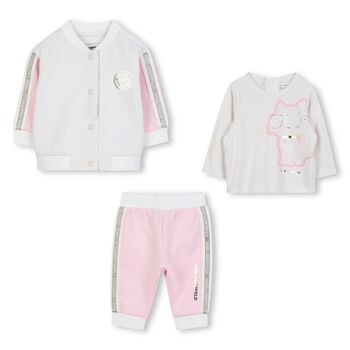 Younger Girls White & Pink Tracksuit Set (3 Piece)