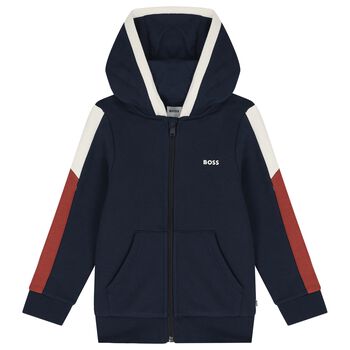 Boys Navy Blue Logo Hooded Zip Up Top