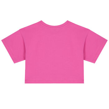 Girls Pink Cropped Teddy Logo T-Shirt