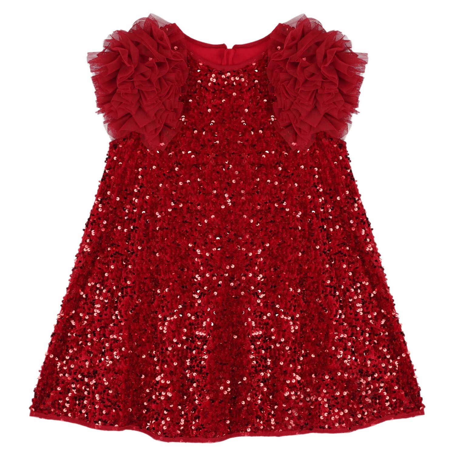 Girls Red Sequin & Tulle Ruffle Dress, 1, hi-res