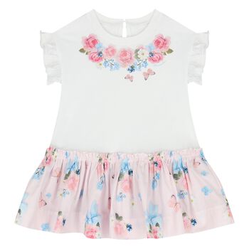 Younger Girls White & Pink Floral Dress 