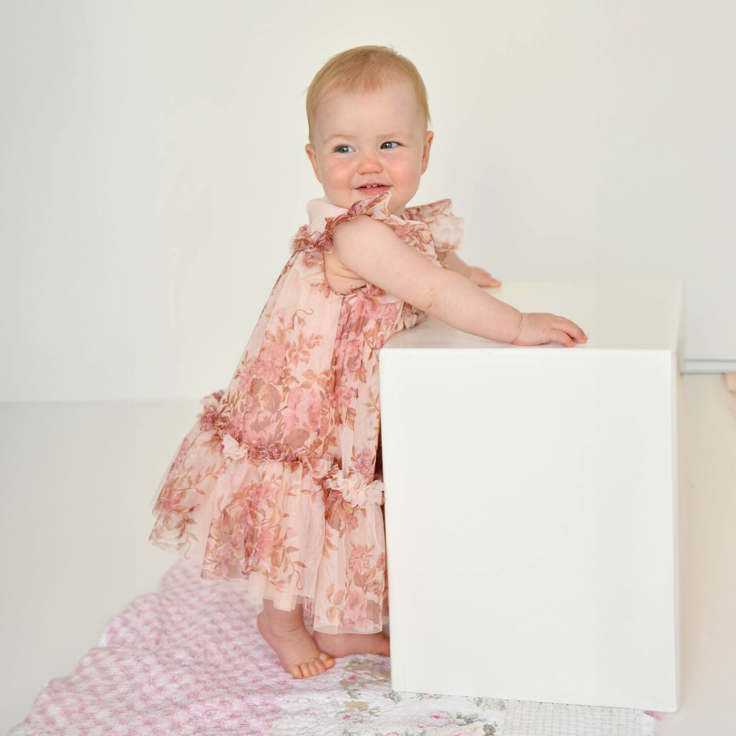 Baby Girls Pink Floral Tulle Dress , 1, hi-res