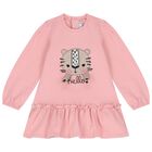 Younger Girls Pink Cat Long Sleeve Dress, 1, hi-res