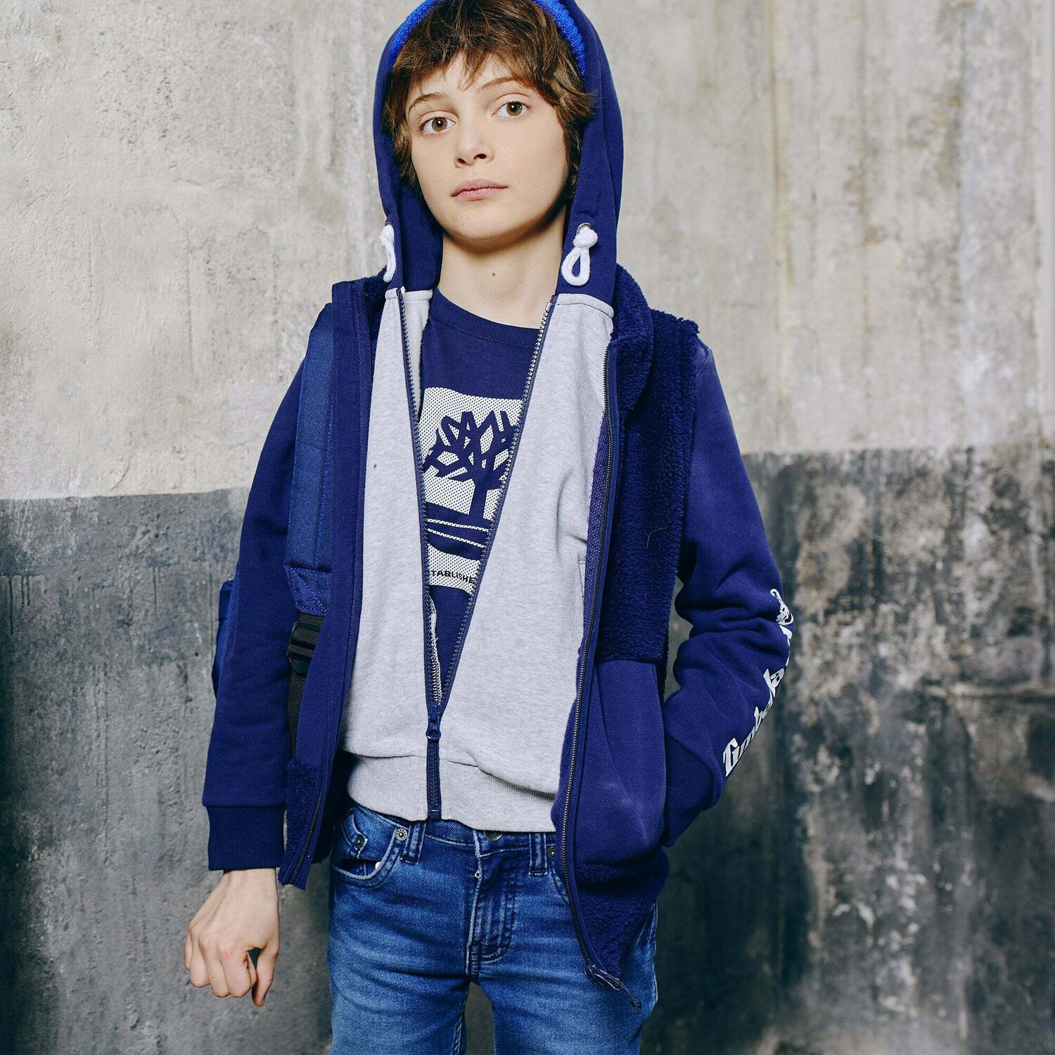 Boys Grey & Navy Hooded Top, 1, hi-res image number null