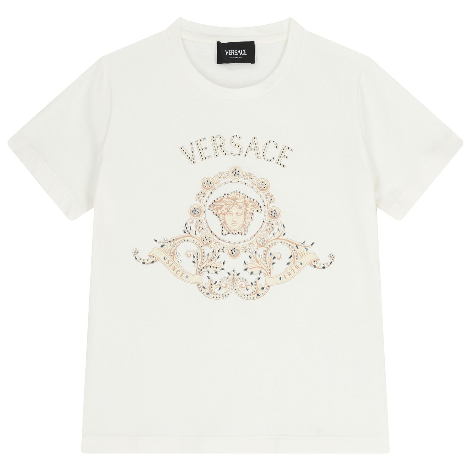 Girls White Embellished Medusa Logo T-Shirt, 1, hi-res