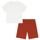 Younger Boys White & Rust Orange Shorts Set, 1, hi-res