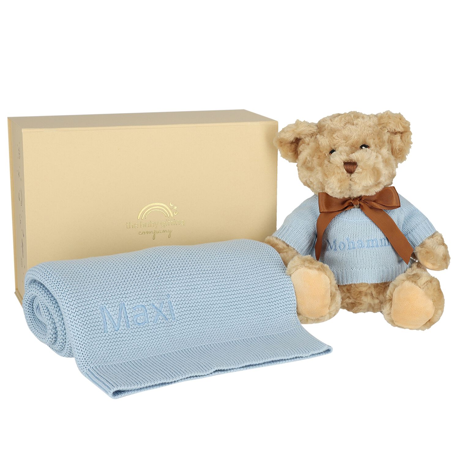 Boys Blue Personalised Teddy Baby Gift Set, 2, hi-res