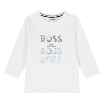 Younger Boys White Logo Long Sleeve Top