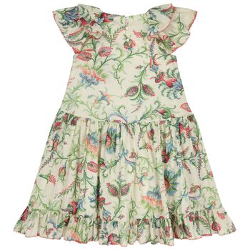Girls Beige & Green Ruffled Floral Dress