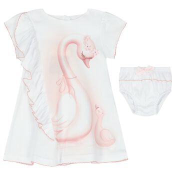 Baby Girls White & Pink Swan Dress Set