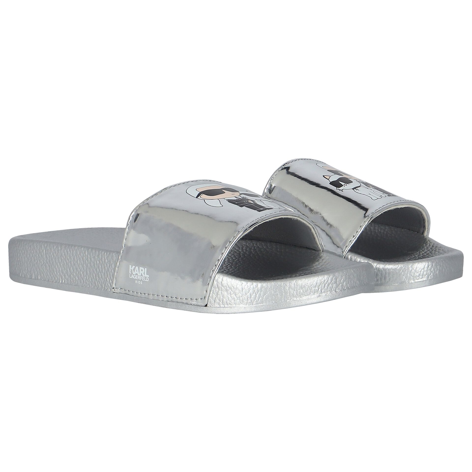 KARL LAGERFELD Girls Silver Choupette Sliders | Junior Couture USA