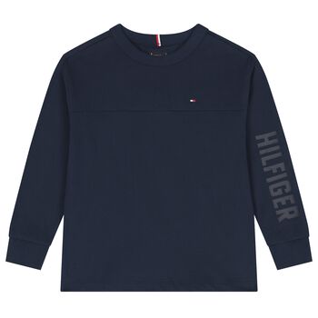 Boys Navy Blue Logo Long Sleeve Top