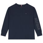Boys Navy Blue Logo Long Sleeve Top, 1, hi-res