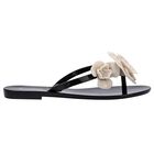 Girls Black & Beige Logo Flower Flip Flops, 2, hi-res