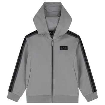 Boys Grey & Black Logo Hooded Zip Up Top 