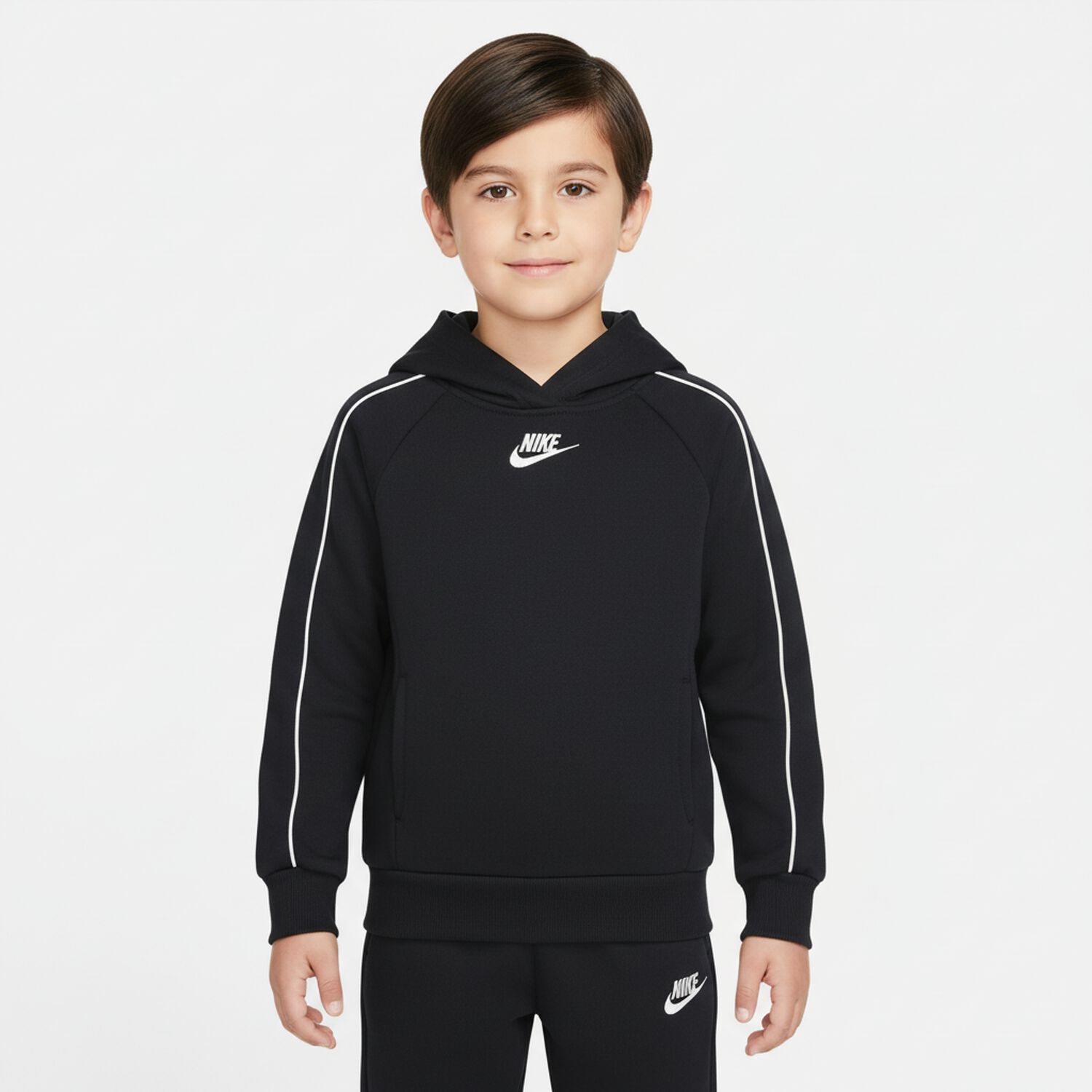 Boys Black Swoosh Logo Tracksuit, 1, hi-res