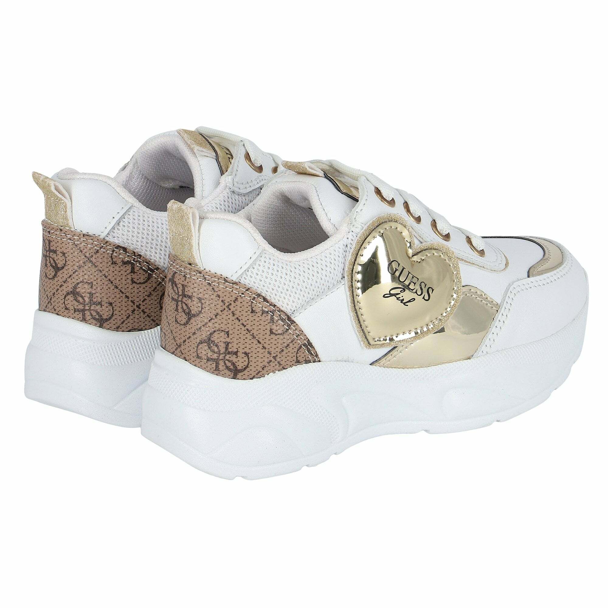Guess Girls White Gold Logo Trainers Junior Couture
