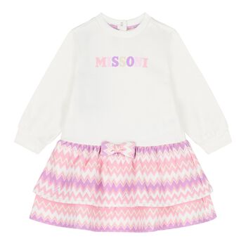 Younger Girls White & Pink Zigzag Logo Dress
