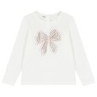 Girls Ivory Bow Long Sleeve Top, 1, hi-res