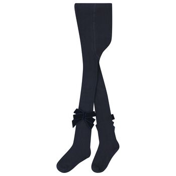 Girls Navy Blue Velvet Bow Tights