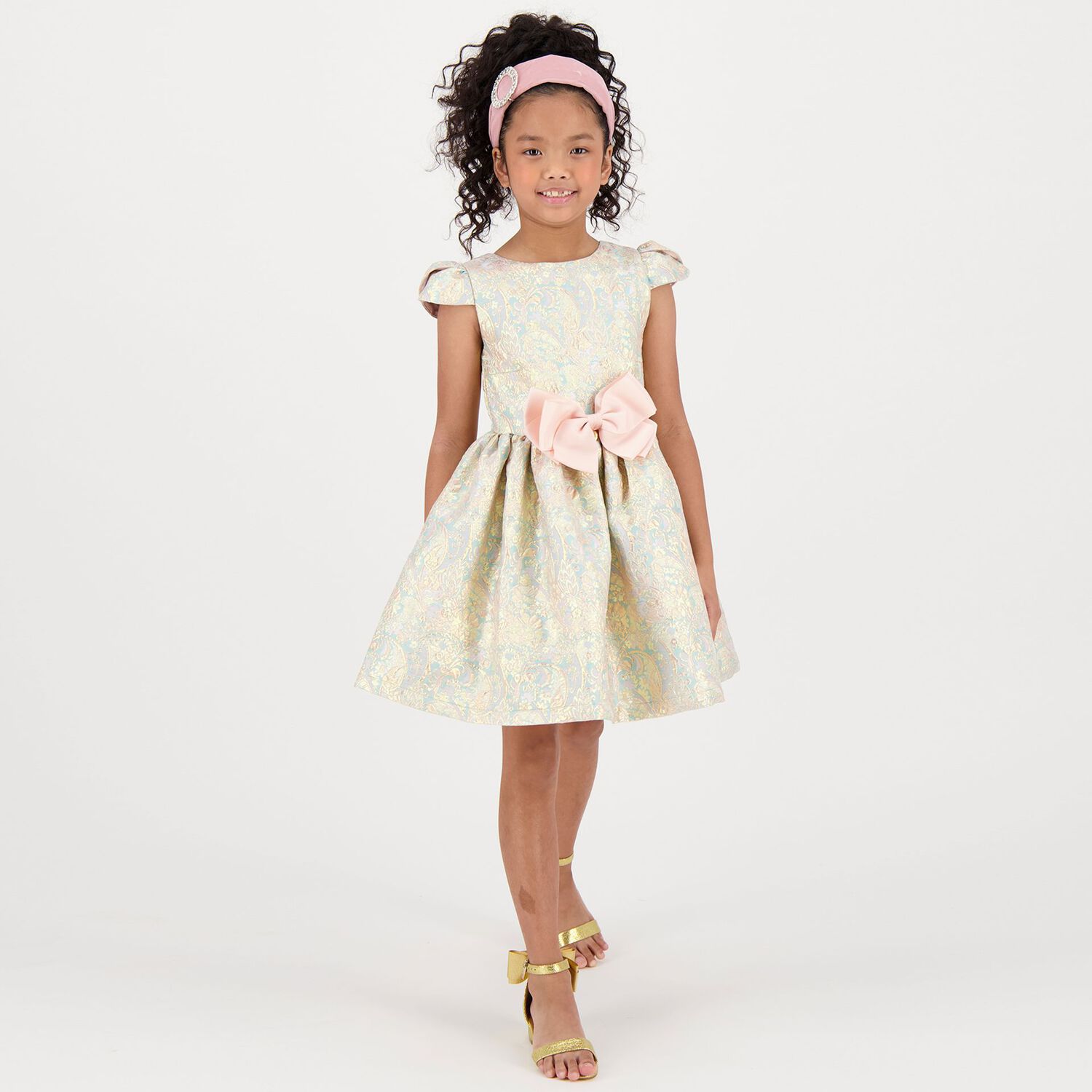 Girls Gold & Blue Jacquard Dress, 2, hi-res image number null