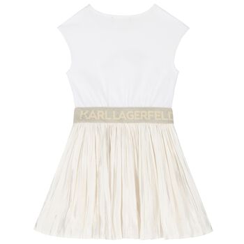 Girls Ivory & Gold Logo Dress