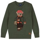 Boys Green Polo Bear Knitted Sweatshirt, 1, hi-res