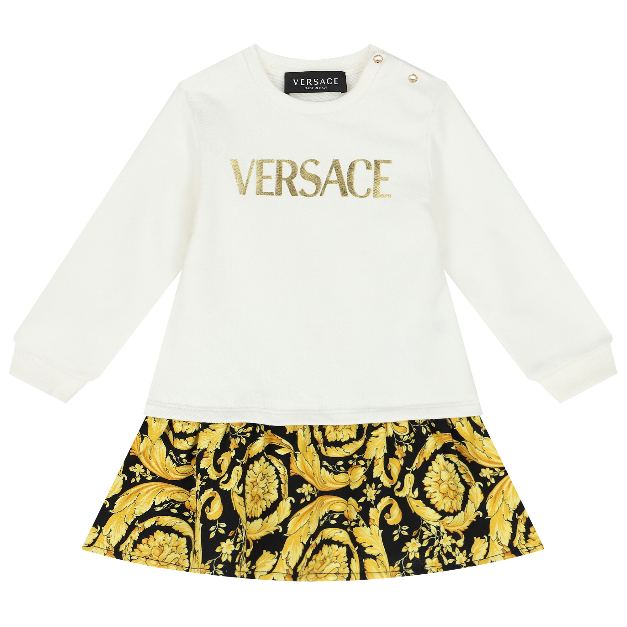 Versace Younger Girls Ivory Black Yellow Barocco Logo Dress Junior Couture USA