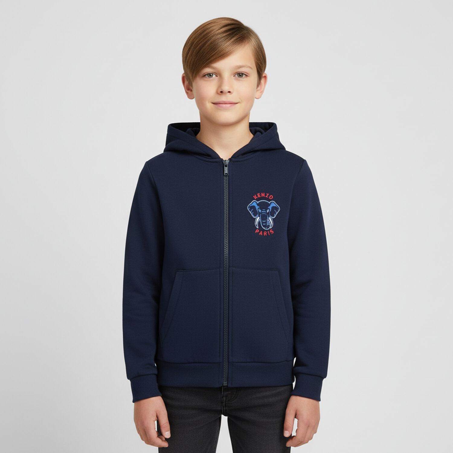 Boys Navy Blue Elephant Logo Hooded Zip Up Top, 1, hi-res image number null