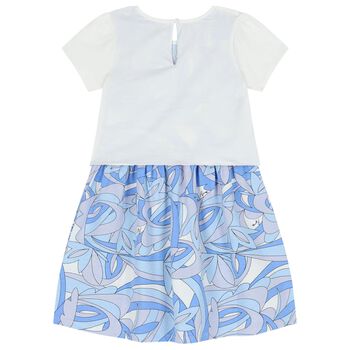 Girls White & Blue Abstract Logo Dress