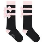 Girls Black & Pink Satin Bow Socks, 1, hi-res