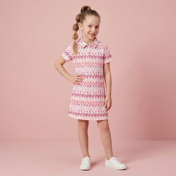 فستان بولو بشعار متعرج باللونين الوردي و الابيض للبنات 