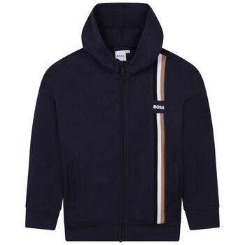 Boys Navy Blue Logo Hooded Zip Up Top