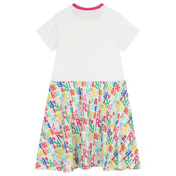 فستان بنات بشعار باللون الأبيض والوردي