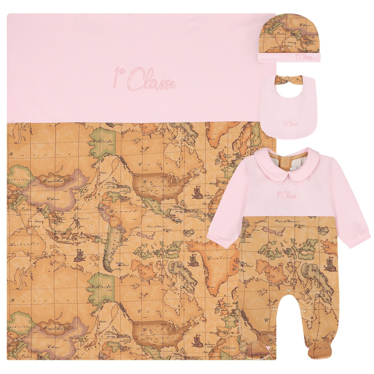Baby Girls Beige & Pink Geo Map Babygrow Gift Set, 2, hi-res
