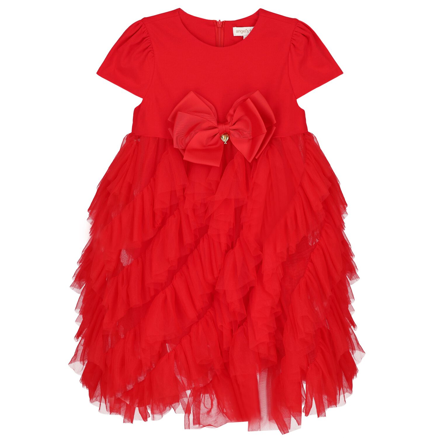 Girls Red Bow Tulle Dress, 1, hi-res