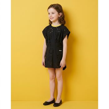 Girls Black Logo Broderie Anglaise Dress