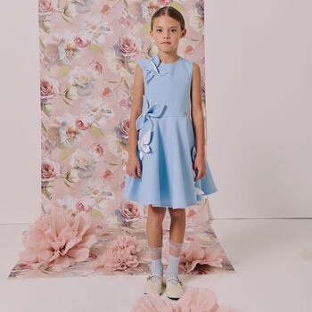 Girls Blue Butterfly Satin Dress