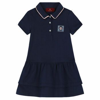 Younger Girls Navy Logo Polo Dress