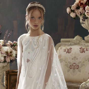 Girls Ivory Flower Cape Tulle Dress 