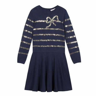 Girls Navy & Gold Knitted Dress