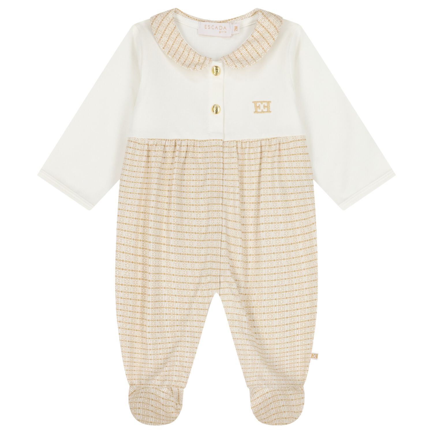 Baby Girls Ivory & Gold Logo Babygrow, 1, hi-res