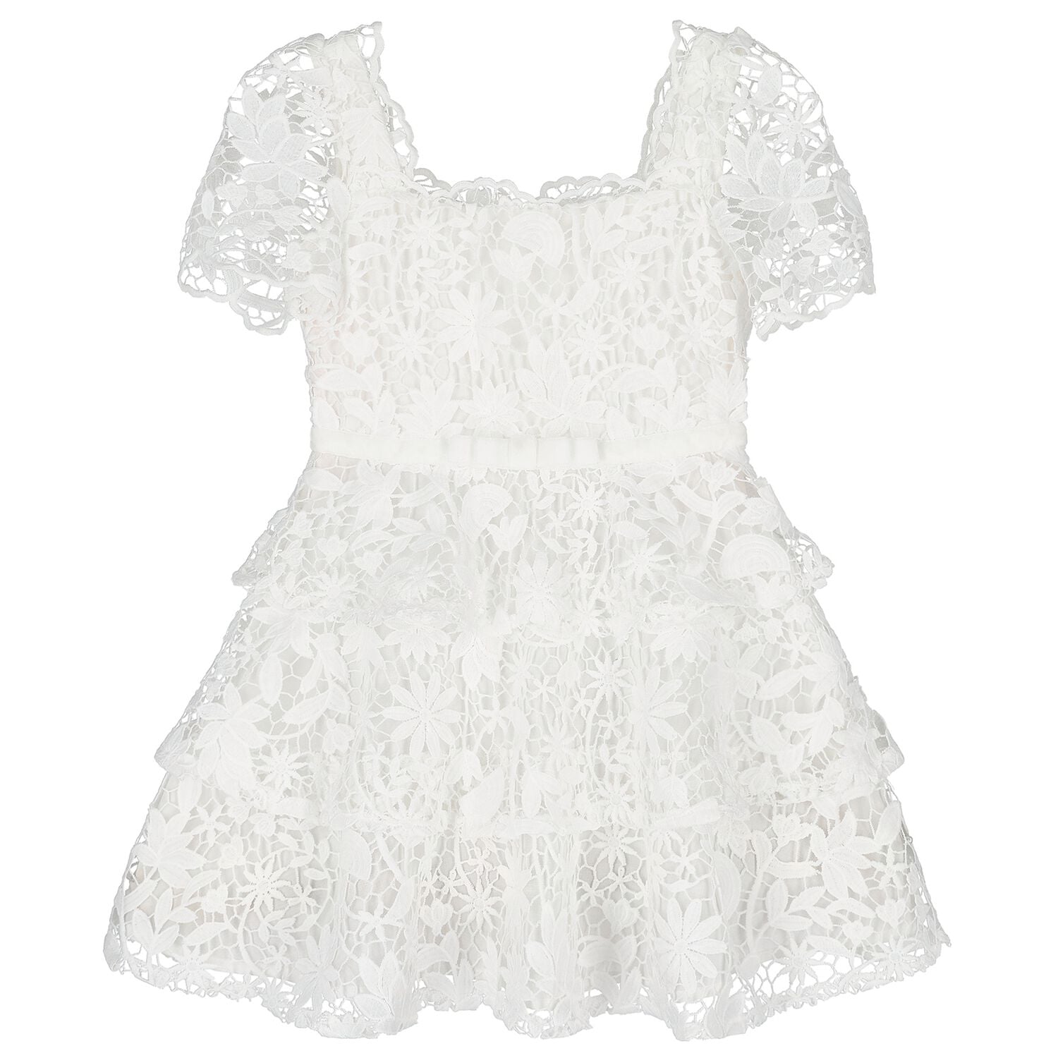 Girls White Embroidered Lace Tiered Dress, 1, hi-res