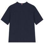 تي شيرت أزرق داكن بشعار للأولاد, 1, hi-res