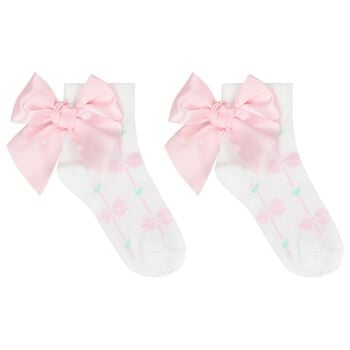 Girls White & Pink Satin Bow Socks
