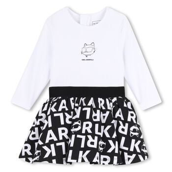 Younger Girls White & Black Choupette Logo Dress