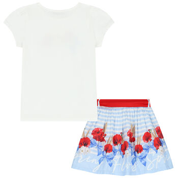 Girls White & Blue Floral Skirt Set