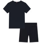 Boys Navy Blue Logo Shorts Set, 1, hi-res