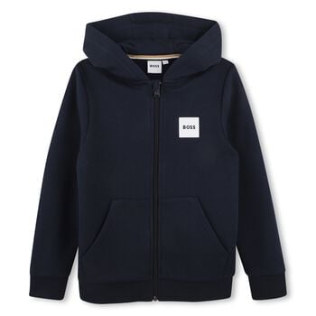 Boys Navy Blue Logo Hooded Zip Up Top