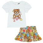  طقم تنورة بنات بشعار تيدي باللون الأبيض والبيج , 1, hi-res